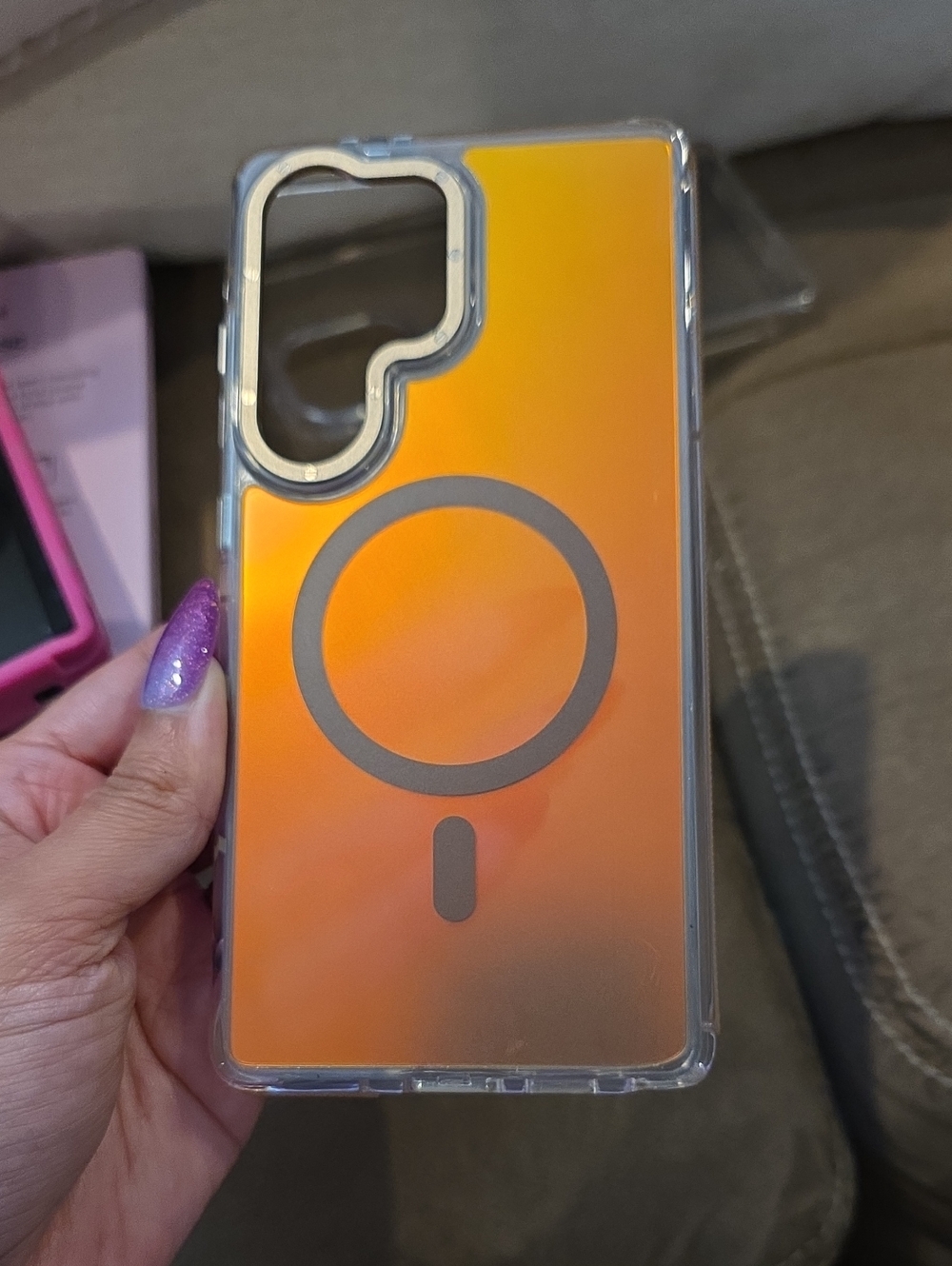 Orange Magnetic-Compatible Clear Phone Case Samsung S25 Ultra.